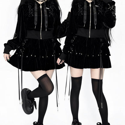 Kei Velvet Black Lace-Up Jirai Stud-Decorated Hoodie Dark