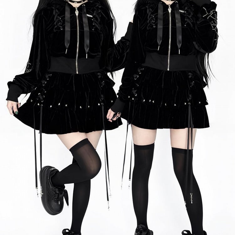 Kei Cross-Decorated Velvet Studs Dark Lace-Up Black Jirai Multi-Layer with Skirt