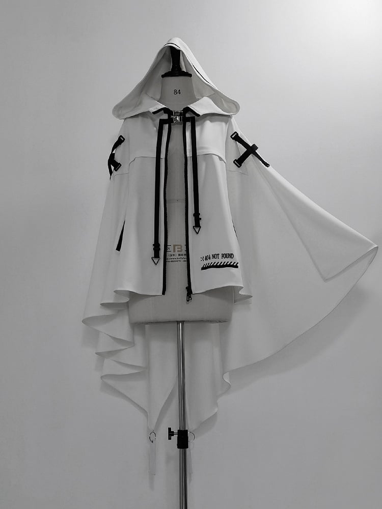 Cape Ouji and Cyberpunk High-low with White Lolita Hem Futuristic Buckle Straps Hooded