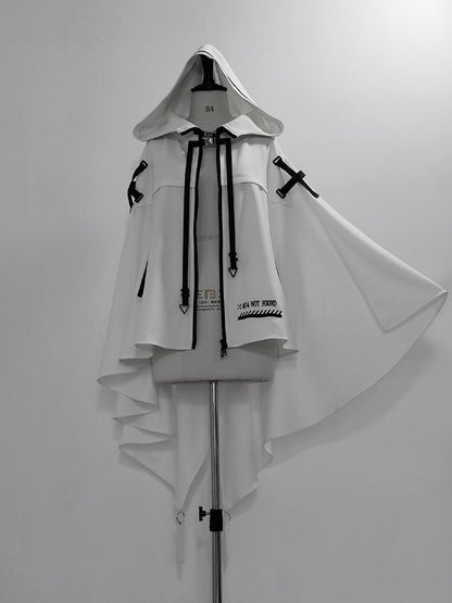 Cape Ouji and Cyberpunk High-low with White Lolita Hem Futuristic Buckle Straps Hooded