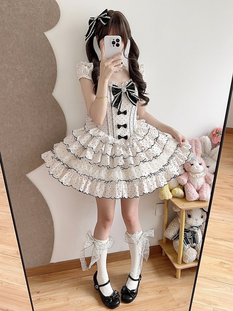Sweet Lolita Polka Dot Dress with Versatile OP/JSK Design and Tiered Hem White
