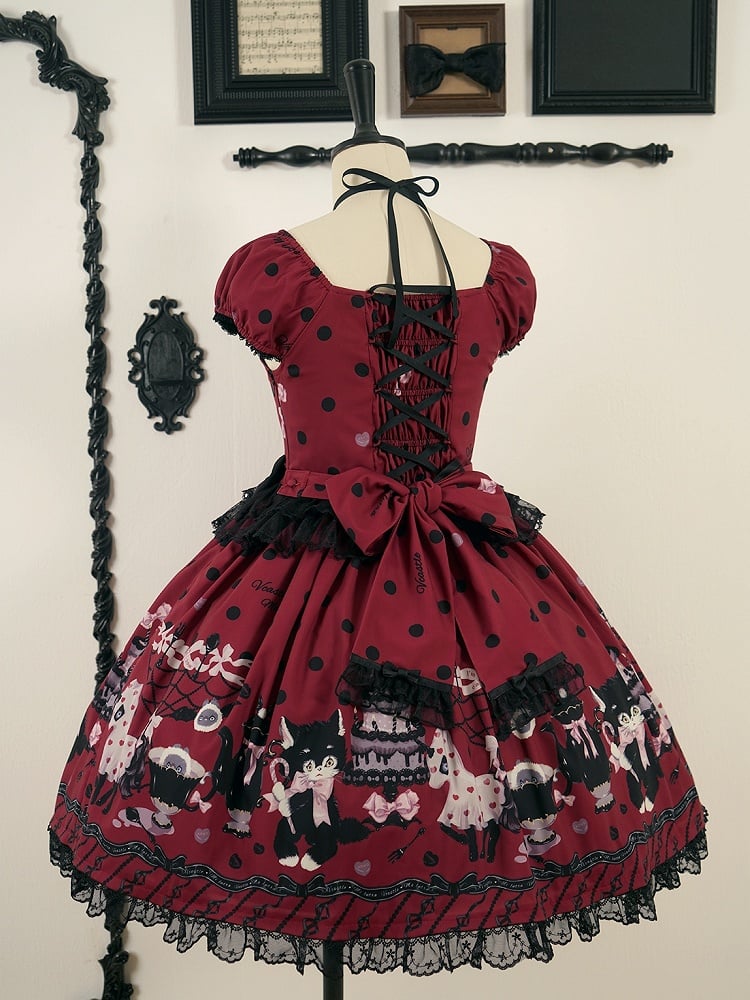 Bow Black Lolita Dot Print with Accents Cat Dress Red Polka Sweet