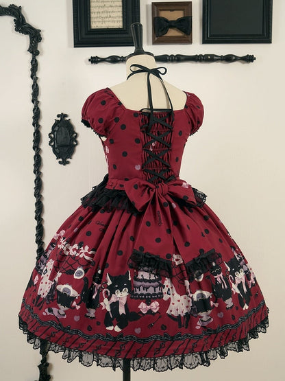 Bow Black Lolita Dot Print with Accents Cat Dress Red Polka Sweet