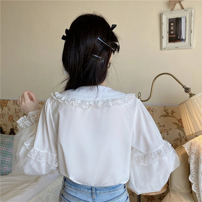 Puff Lace Trim Sleeve Long White Blouse Lolita