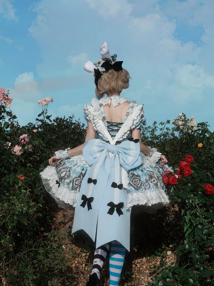 Blue White Alice Wonderland Sweet Lolita OP Dress Set - Untitled Heartbeat
