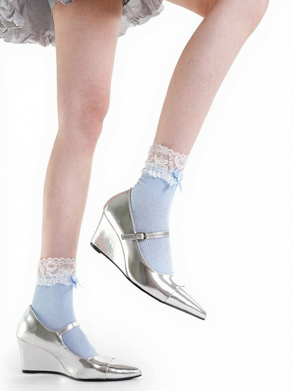Four-Color Lace Trim Ankle Socks with Bowknot - ModaSwings