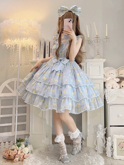 Skirt Bear High Print Blue Tiered Lolita Lemon Waist and Dress