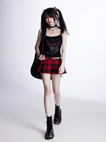 Rot/Schwarzes Vintage-Camisole-Top mit Buchstabendruck, glamourös