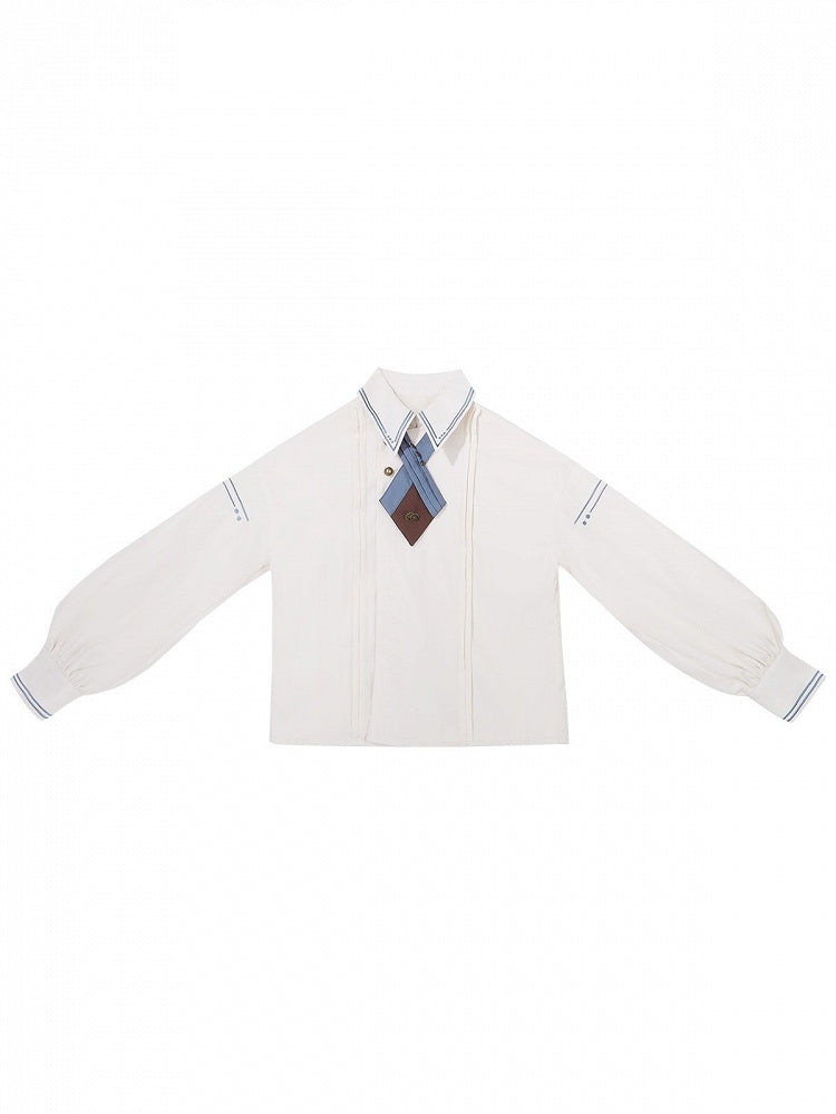 Beige Blue Lolita Shirt with Cross Bow Tie Accent - Unknown Star