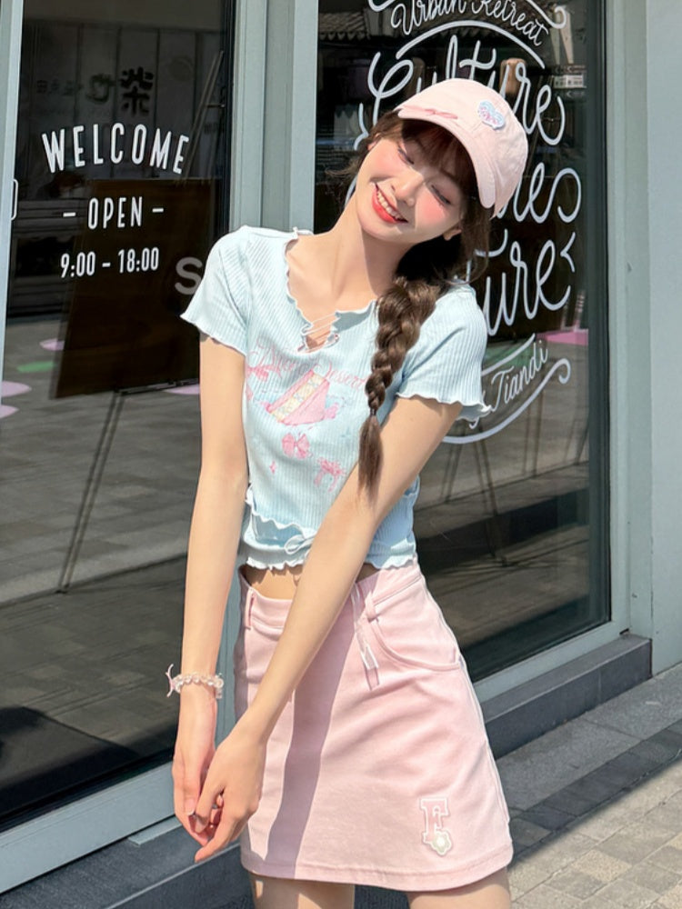 ネックラインピン スイートTシャツ ピンク/ブルー ケーキプリントディテール 裾レタス裾 大きなリボン