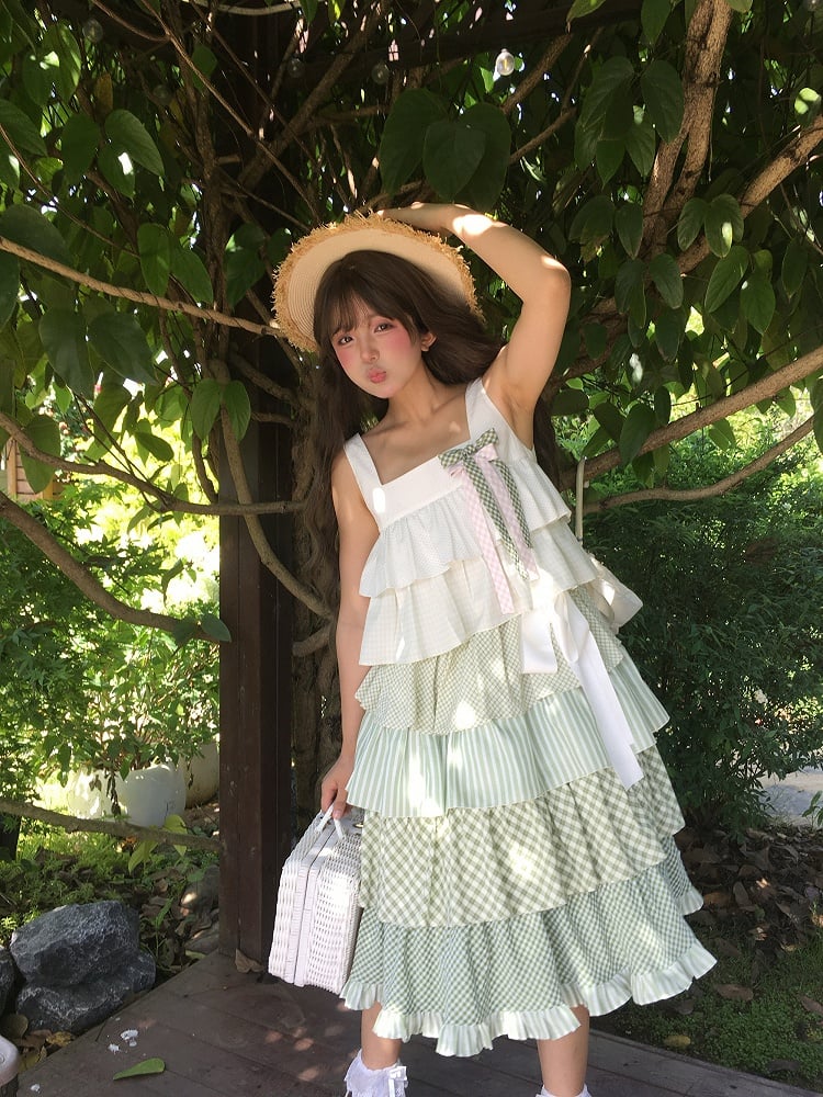 Rüschen gestuft mit Mori Kei Grün Patchwork Ärmelloses Kleid