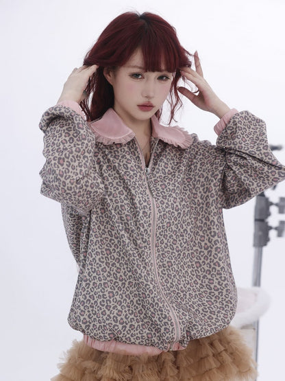 Collar Lace Jacket Leopard Pan and Print Peter Trim Zip-Up with