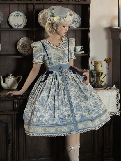 Blue Cabins in the Forest Front Button Placket Skirt Short Sleeves Lolita Dress