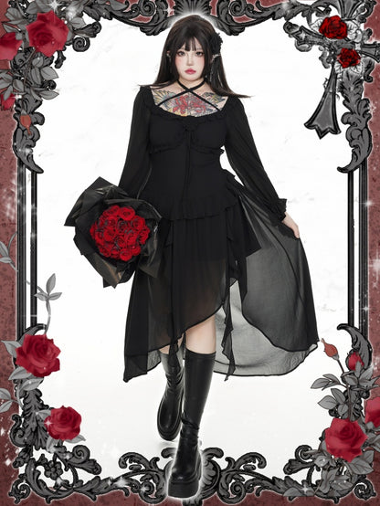 Plus Size Rosette Schwarzes Neckholder-Asymmetrisches Kleid