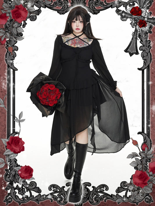 Plus Size Rosette Schwarzes Neckholder-Asymmetrisches Kleid