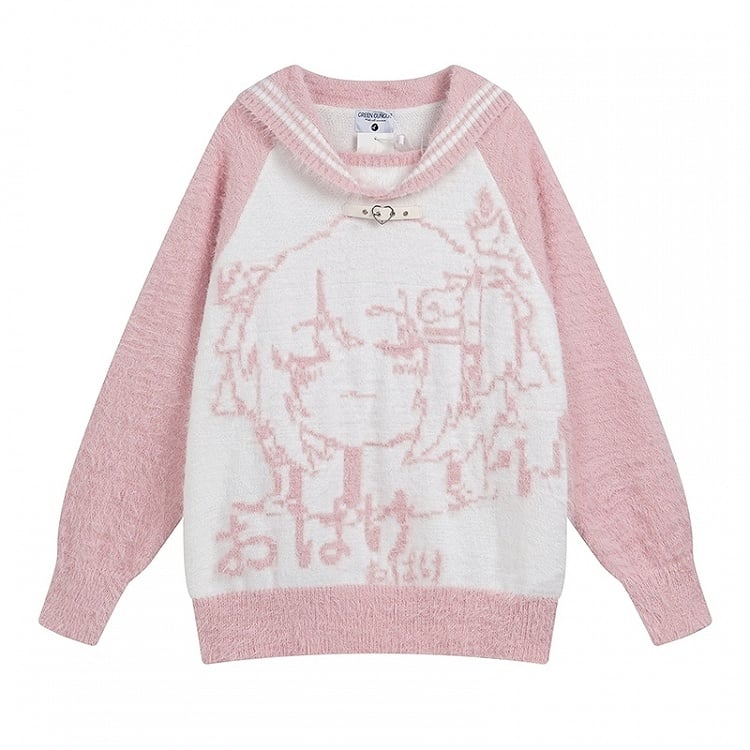 ライトブルー/ピンク/ブラック 自来也景 地雷ガールグラフィック セーラーカラーセーター