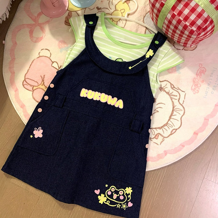 Closure Denim Back Daily Dress Shoulder with Zipper Straps Overall Snap-button Kawaii