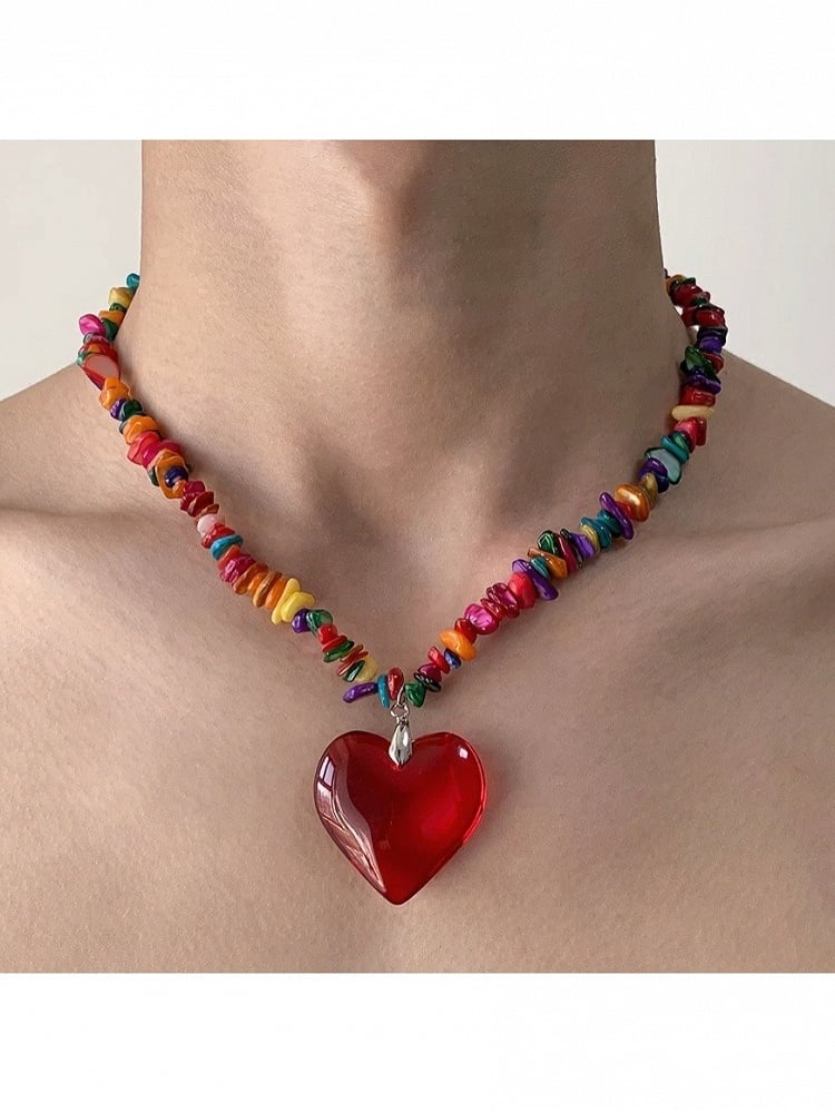 Y2K Multicolor Necklace with Red Heart Pendant - YSHXS