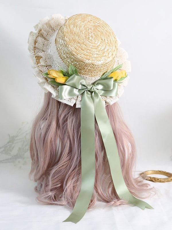Bowknot Country Lace Lolita Tulip Straw Trim Green Ribbons Hat with