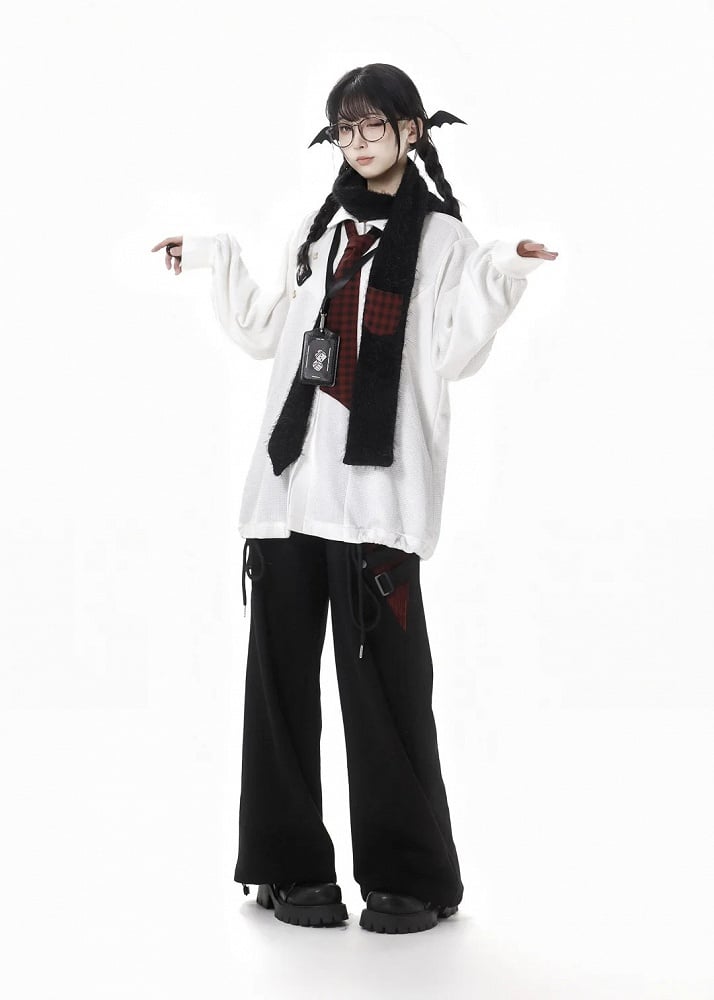 White Long-Sleeve Drawstring-Hem Shirt with Red Plaid Tie