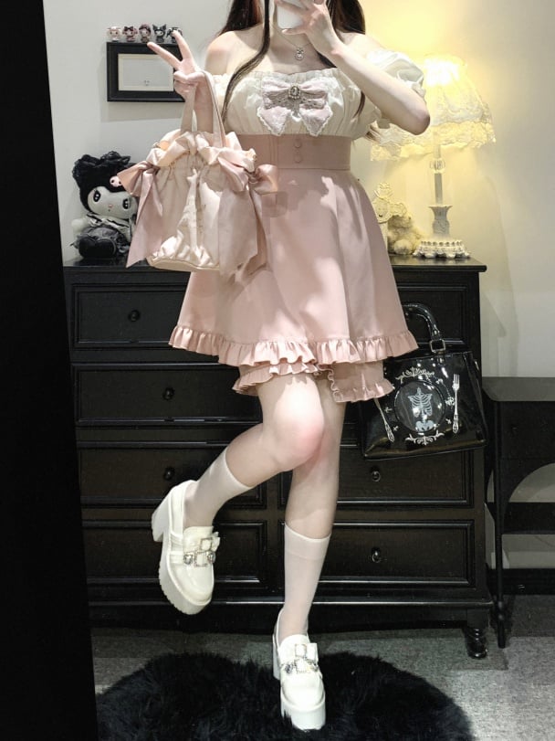 オフショルダーネックラインミニドレス＆ショーツセット ジライケイ ブラック/ピンク/ブルー