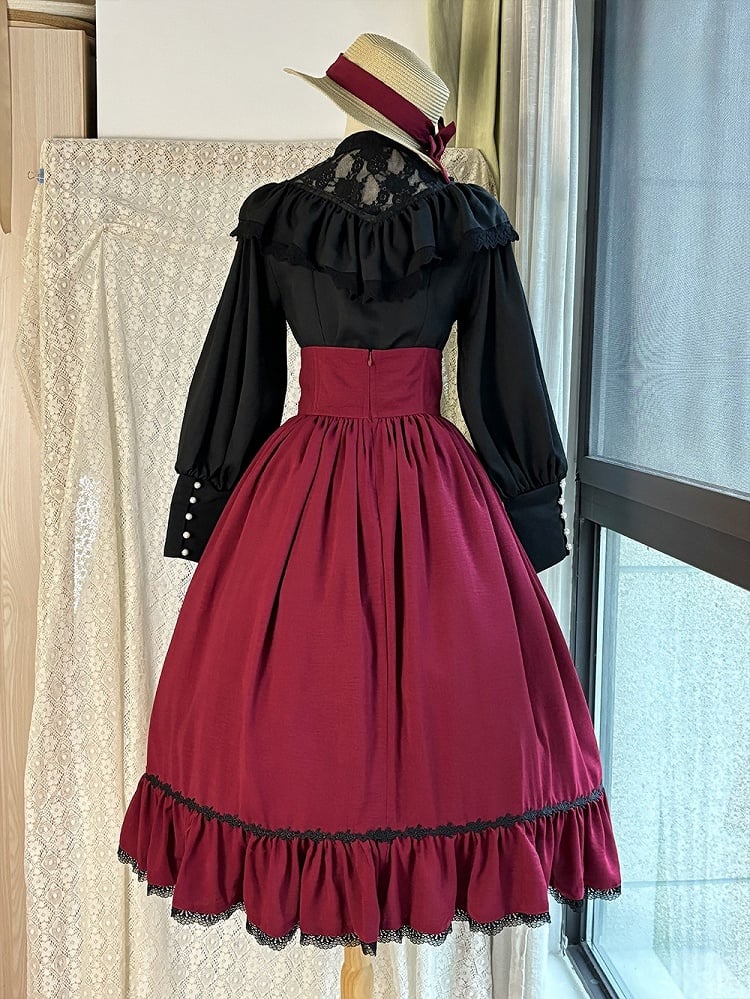 Black Edward Neck Lolita Blouse with Bead-Accented Cuffs