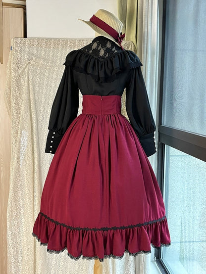 Black Edward Neck Lolita Blouse with Bead-Accented Cuffs