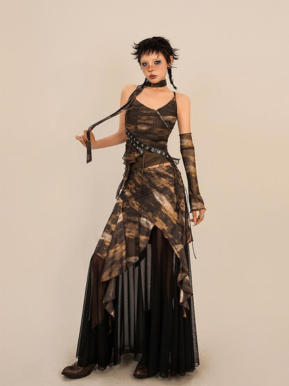 Tie-Dye Floor Length Coffee Punk Skirt with Black Mesh Lining