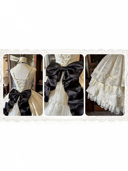 Apricot Lace-Trim JSK Dress with Black Bows - Die Die Zi