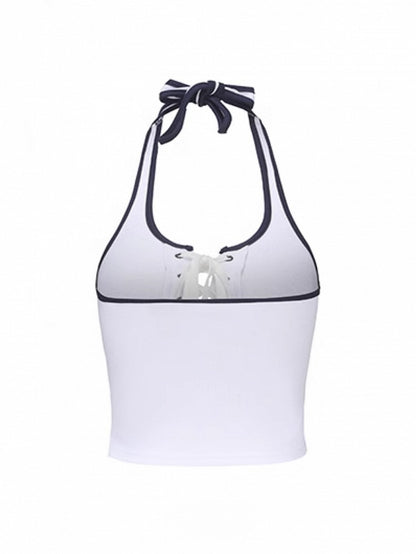 Crisscross Lace-ups Print Black Halter with Red Letter White Crop Top