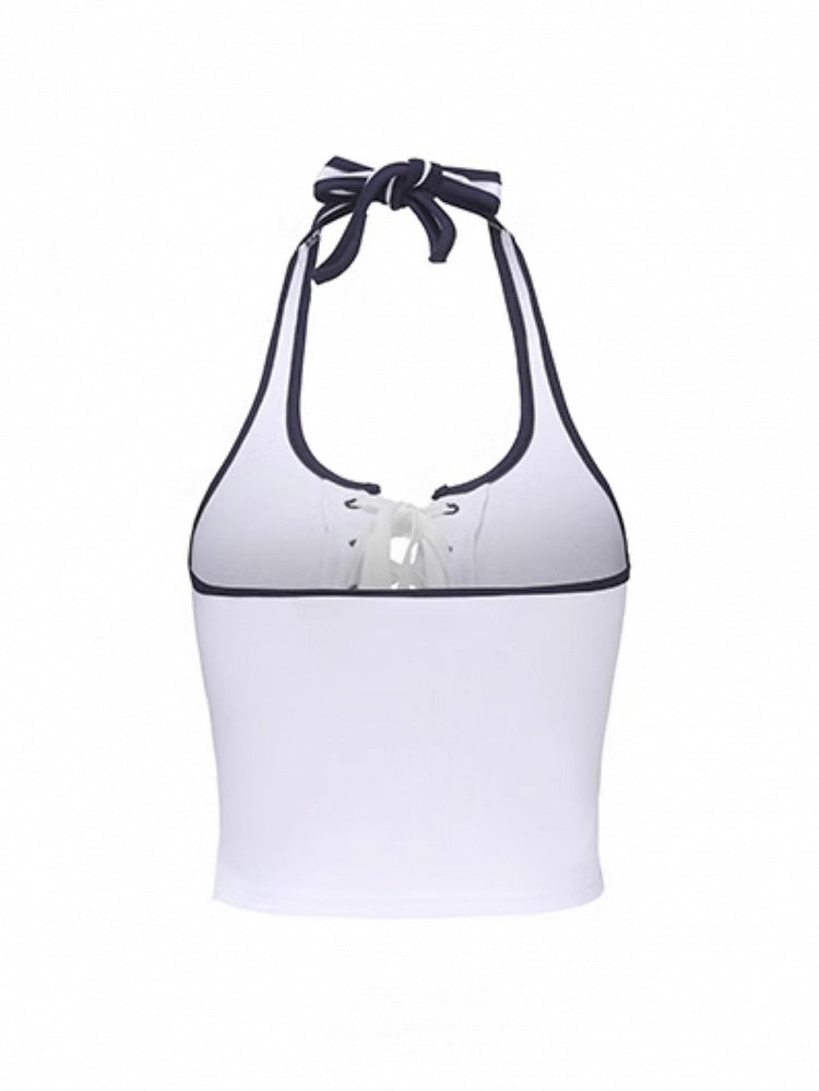 Crisscross Black Lace-ups Letter with Halter Top White Red Crop Print