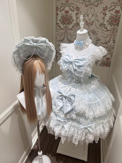 Hanayome-Style Lace + Trim Lolita Bow / Blue Set Back Full Dress JSK Decor Multi-Layer With
