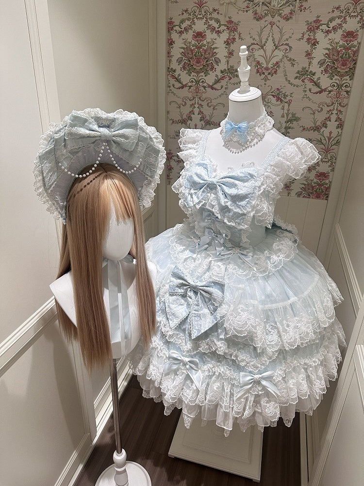 Hanayome-Style Blue Lolita JSK Gown with Lace Trim and Bow, Full Set with Back Bow - White Sugar Girl