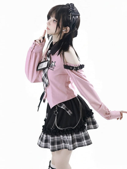 Chain Idol with Detachable Tiered Plaid Skirt Belt Black Waist Punk