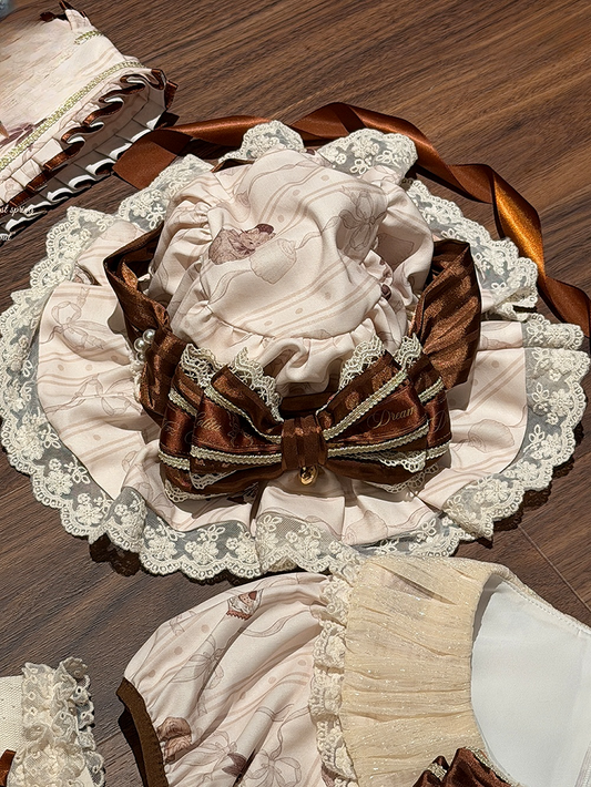 Brown Decorated Lolita Bear Bow with Print Lace-Trimming Hat