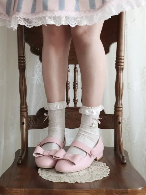 Pink Accent with Elegant Delicate Bow Low Lolita Heels