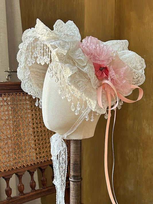Straw Bead Pink Flowers Tassels Flat Decorated Hat