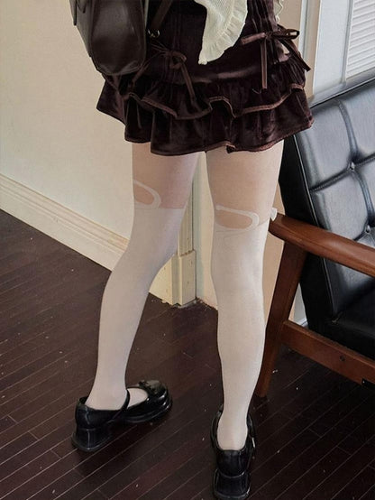 White/Black Tights Pattern Bow Sweet Cat With