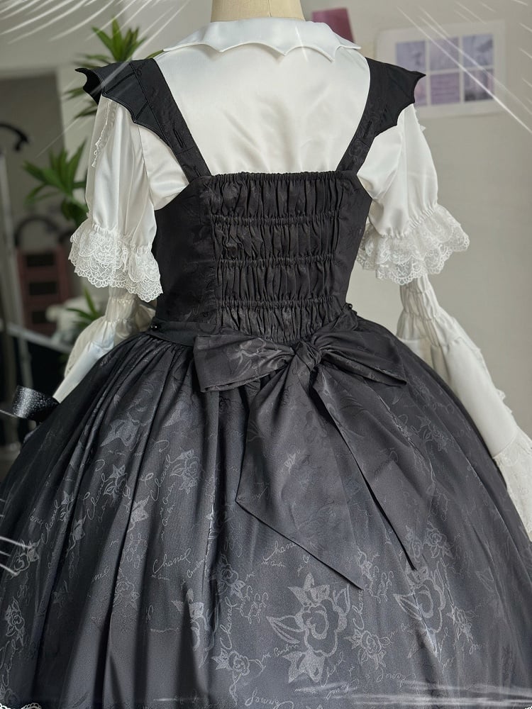 Schwarzes, schulterfreies, hochgeschlossenes Fledermaus-Gothic-Flügelkleid mit Lolita-Rock