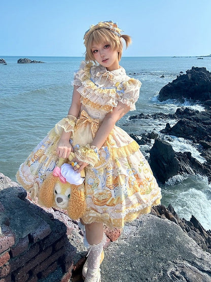 Yellow & Blue Polka Dot Fruit Print Lolita JSK Dress with Lace Details - Badoni B DOLLY Original Design