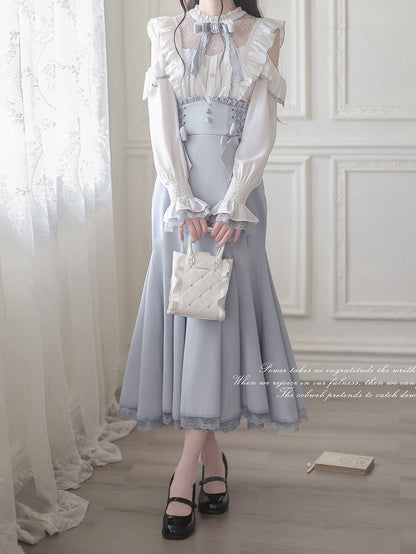 Light Blue Mermaid Skirt with Lace-Up Waist - Walnut JK