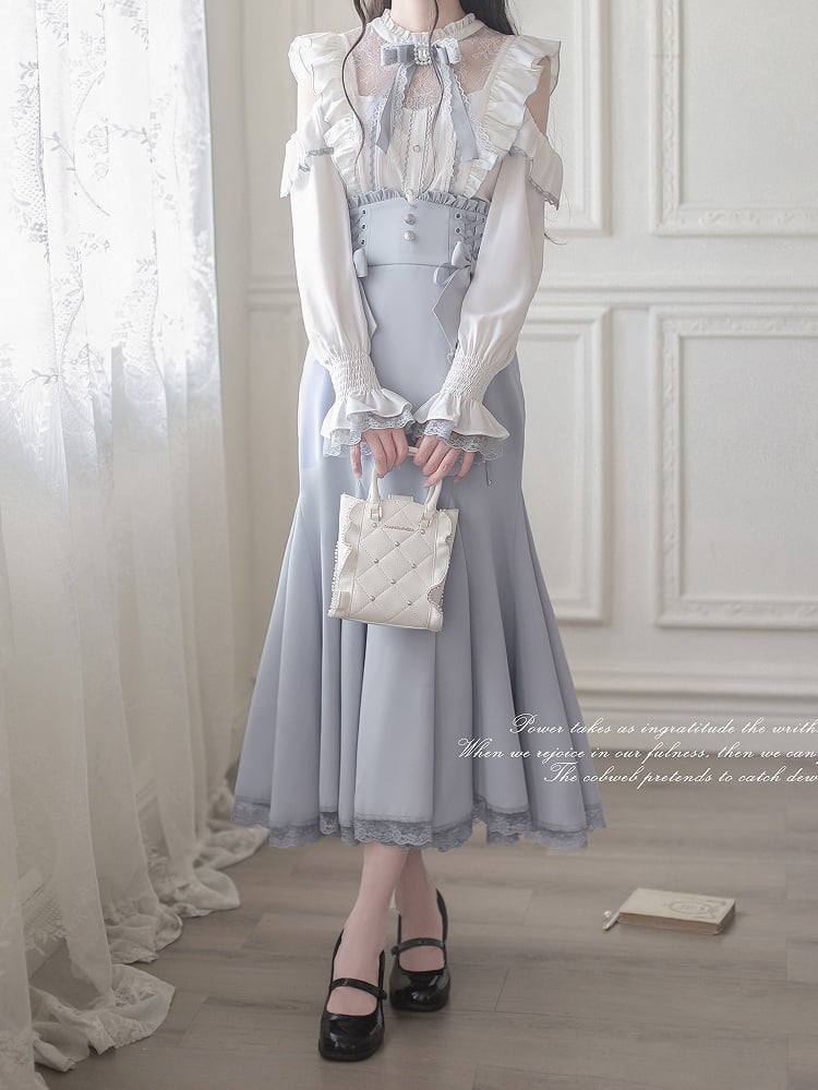 Kei Illusion Blouse Jirai Long Lace Cutout - Blue Shoulder White Sleeve Trim Top Neckline