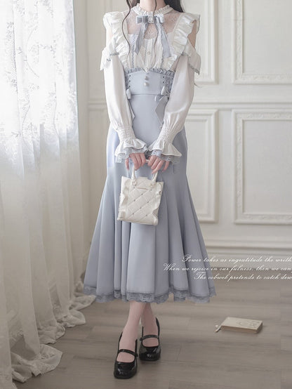 Kei Illusion Blouse Jirai Long Lace Cutout - Blue Shoulder White Sleeve Trim Top Neckline
