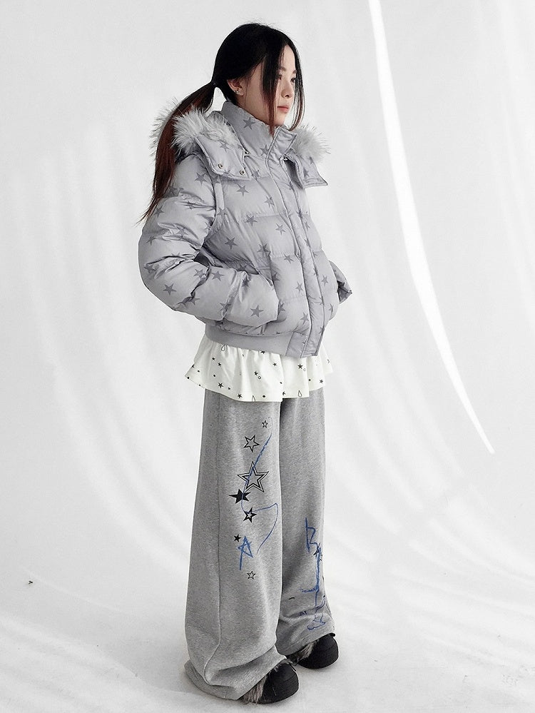 Trim Detachable Sleeves Wear Jacket Removable with Gray Plush Pattern Star Down Hood Multi-way