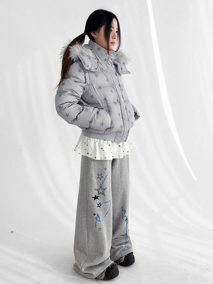 Trim Detachable Sleeves Wear Jacket Removable with Gray Plush Pattern Star Down Hood Multi-way