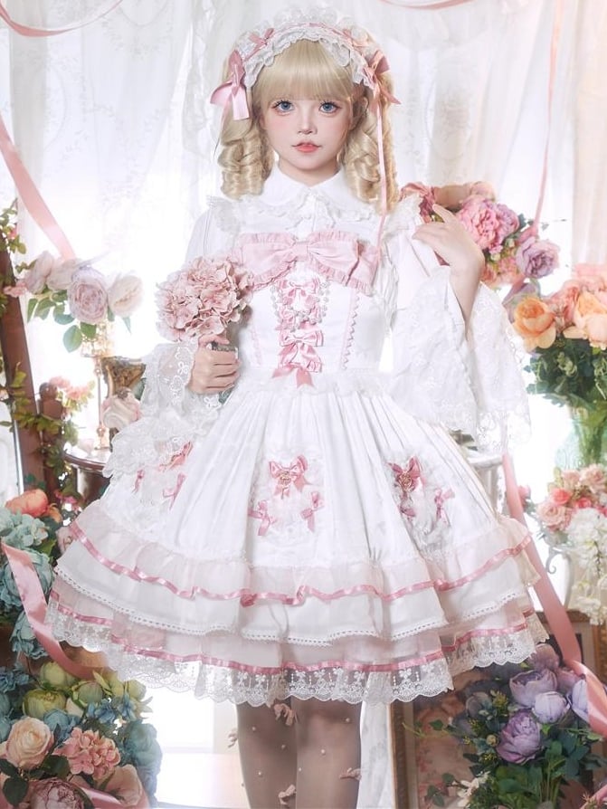 White and Pink Bowknot Details Tiered Skirt Sweet Lolita Dress Jumper Skirt