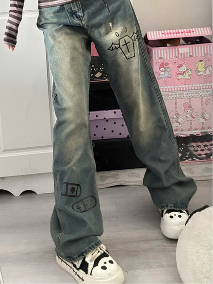 Denim Graphic Loose with Print Leg Jeans Blue Straight Fit
