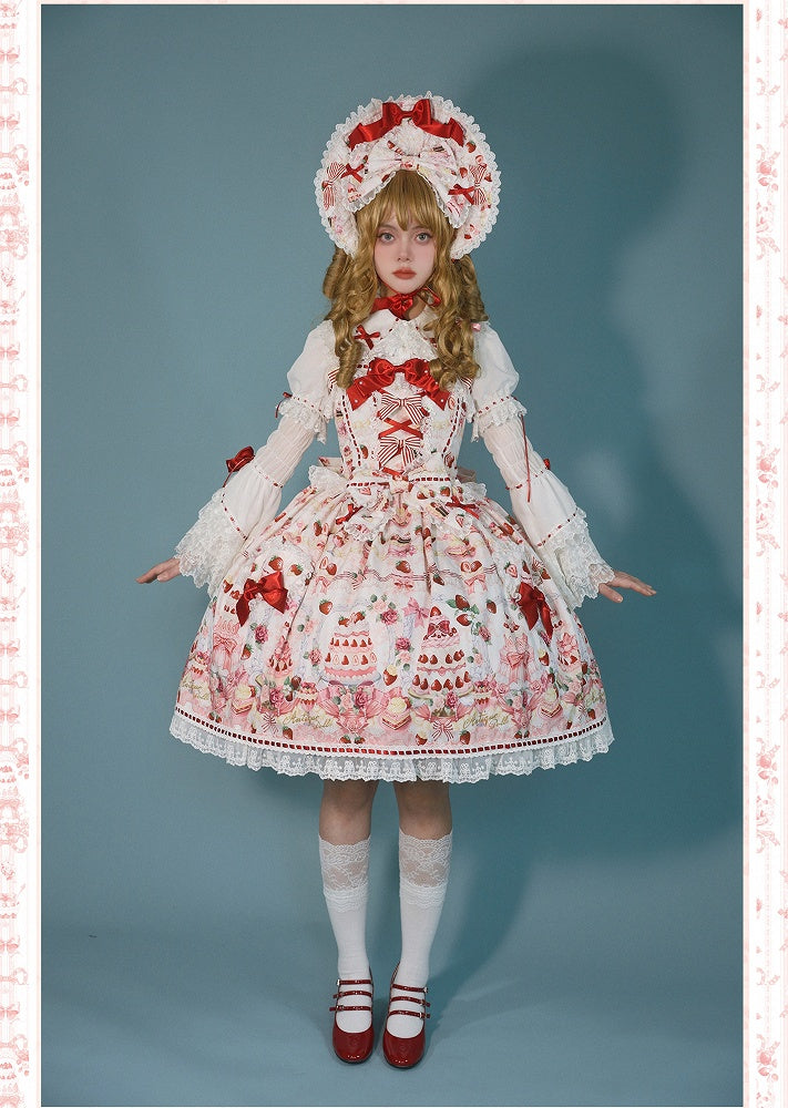 Sweet Bow JSK Full Lolita Accents Print / Weiße Desserts und Set Erdbeere