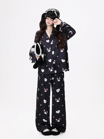 Black Cute Otaku Kitten Print Long Lounge Wear Two-Piece Set - Long-Sleeve Top + Pants - CRAZY GIRL