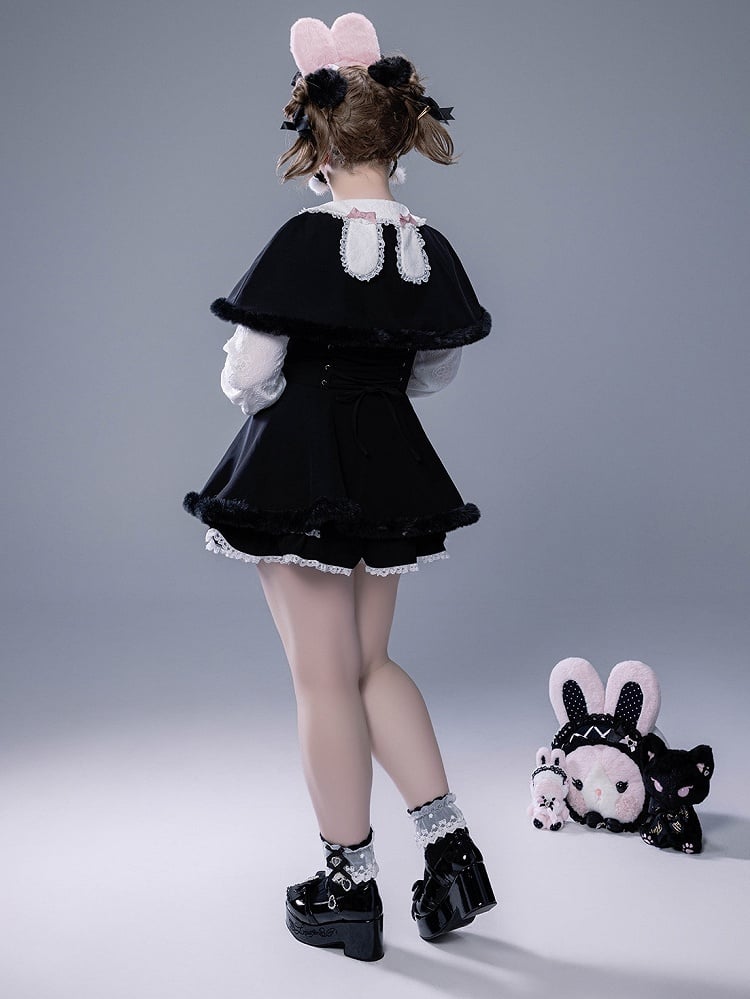 Full Shorts Black Pink Bunny Matching Cape Set Kei Brooch Dress Ear Jirai Bow + Lace Plush